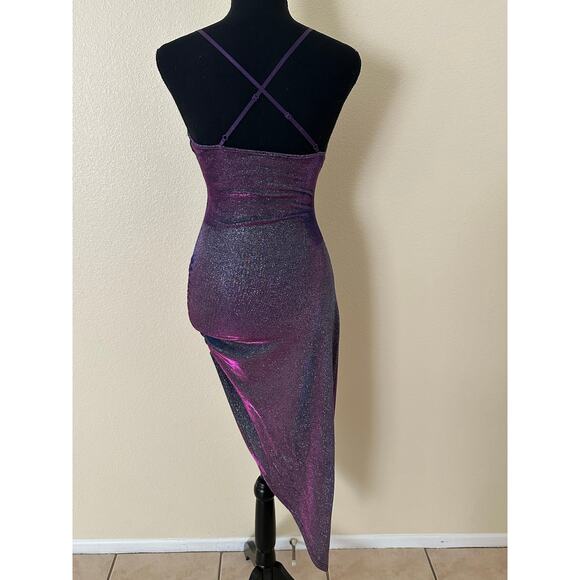 Q Women Purple Glitter Shimmer Asymmetrical Spaghetti Strap Side Ruched Dress S - Picture 3 of 8